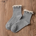 Mid-grey cotton blend crew socks with vintage lace trim and pearl bead accents - One Size / Gray