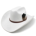 Klassieke witte wollen vilt cowboyhoed met reliëf lederen band en natuurlijke vederdetail - M (56-59cm) / Wit