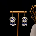 Detail view of ethnic gold earrings with deep blue stone and pearl tassel dangles - Dark Blue Gem Artificial Pearl Tassel Style (E2637-2/Dark Blue)