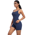Detailansicht eines dunkelblauen Yoga-Bodysuits mit schmalen Trägern und formgebender Passform - S / Marineblau