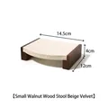 Small walnut wood jewelry display stool with beige velvet surface and dimension markings - Small Walnut Stool Display Stand - Beige Velvet