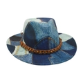 Patchwork denim sun hat with wide brim, brown braided rope and decorative wooden beads - One Size / Royal Blue (Denim Brown Wood Beads)