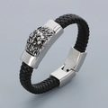 Pulsera para hombre de cuero trenzado negro con cierre de cabeza de león en acero inox 316L - Estilo de Cabeza de León B (KB30274-D) / Negro/Plata