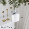 White glitter gift box Christmas ornament with silver ribbon bow for holiday tree - White Gift Box 8CM