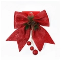 Large red glitter Christmas bow ornament with pine cones and hanging ball accents - Large-Red-1Pc