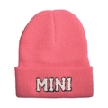 Pink rib-knit mini beanie for kids featuring white chenille letter embroidery - MINI-Kids Style / Rose Pink