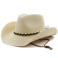 Wide brim cream woven straw jazz hat with beaded band and chin strap for summer travel - M (56-58cm) / Beige