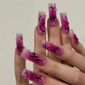 Lange quadratische Kunstnägel mit rosa lila Farbverlauf und 3D Flammen-Design - Gelbes Gelee-Kleber-Set
