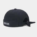 Detail of NEWYORK embroidery on black cotton docker hat with adjustable metal buckle - Adjustable / Black