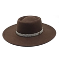 Close-up of the brown wool fedora featuring a sparkling rhinestone band and M charm - M (56-58cm) / M Label Rhinestone Fedora (CZY-101) / Brown