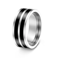 Anello in acciaio al titanio con finitura a specchio e doppia striscia nera decorativa - US 6 / Stile a doppia striscia argento