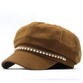 Gorra de pana marrón con perlas elegantes y cadena dorada para mujer estilo chic - M(56-58cm) / Caqui