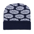 Navy blue knitted beanie with white floral jacquard pattern and folded cuff design - Dark Blue with White Snowflakes (M)