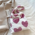 Pink and white plush heart tote bag with fluffy handles and soft faux fur texture - Heart Pink