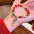 Detailed view of red agate beaded bracelet with vintage silver charms and lucky plaques - Prosperity Peace Style (2#) / Silver-Red