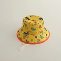 Detail of yellow kids bucket hat with cartoon cars, orange trim and adjustable chin strap - 50-54cm (Adjustable 3-10 Years) / Yellow Car