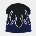 Vista dettagliata del berretto in maglia con motivo jacquard a fiamme e trama fine - Blu navy