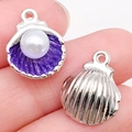 Silver shell charm pendants with purple enamel and white pearl for DIY jewelry making - Purple Pearl Shell