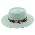 Detail of mint green straw boater hat featuring a leopard print ribbon and bow knot - M (56-58cm) / Mint Green