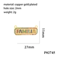 Macro view of 18K gold plated copper FAMILIA pendant with multi-color micro-pave crystals - P02745-FAMILIA Letter Plate
