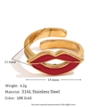 18K gold plated stainless steel open ring with red lip charm and dimension specs - Gold Red Lips (Oil Drip Open Ring)