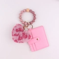 Pink heart plush keychain with beaded silicone wristlet and ruffles card holder pouch - Rose Red Leopard