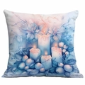 Blue Christmas throw pillow cover with winter candle and leaf illustration on white background - Winter Candle and Berries (CDR350-8)