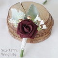 Deep red artificial rose wedding boutonniere with white cord wrapped stem, 13x7cm size - Burgundy
