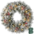 Ghirlanda di Natale innevata con pigne, bacche rosse e luci LED calde su fondo bianco - Ghirlanda Innevata Decorativa con Luci da 60cm