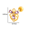 Golden flower earring with purple zircon and stainless steel post shown in professional view - Purple Flower Gemstone Style