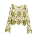 Detailed close-up of retro crochet knit hollow pattern in cream and green floral design - XS / Light Green