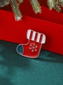 Broche de Noël classique en émail rouge en forme de chaussette avec flocon et rayures - Chaussette de Noël (6067)