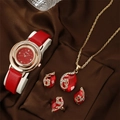 Women's watch set with red leather strap and matching ruby pendant jewelry ensemble - Red Set (DG034)