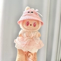 Pink plush doll Labubu in lace dress and hat, soft pastel aesthetics accessory - Pink Bunny Hat Keychain + Pink Fairy Dress / First And Second Generation Keychains Are Compatible With La Cloth Dolls. Dolls Not Included.