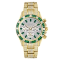 Luxury gold men's watch featuring sparkling crystals and green gem markers with date dials - Gold Green