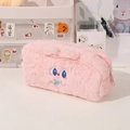 Pink plush pencil case with cute 3D character embroidery and fluffy texture - Pink