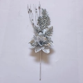 Silver glitter Christmas floral pick with hollow leaves and shimmering berry branches - Silver