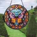 Colorful butterfly stained glass wreath pendant with vibrant floral patterns and chain - Painted Butterfly