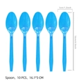 Close-up of 10-piece set of blue plastic spoons with textured handles, 16.1cm length - Blue Plastic Spoons 10PCS