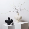 Modern black and white ceramic grooved vases with green leaves on white pedestals - Homestay Decoration Set 2