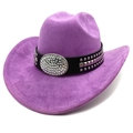 Detail of purple faux suede cowboy hat with studded leather band and rhinestone buckle - M (56-58cm) / Purple