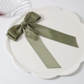 Olive green satin bow hair clip with long ribbons on white ceramic flower plate - Olive Green
