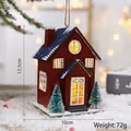 Glow red wooden Christmas house ornament with LED light and mini trees 13.5cm - American Red Blue Christmas Tree