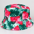 Reversible tropical bucket hat with red watermelon slice and green leaf print - M / Watermelon red