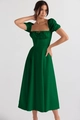 Detail of a dark green A-line dress with puff sleeves and pleated drawstring neckline - S / Dark Green