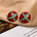 Vintage round gold earrings with red and turquoise enamel in a cross pattern - 9 Silver Pin-Red Enamel