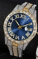 Hip hop two-tone silver and gold iced out watch with a blue dial and Roman numerals - Two-tone Blue Single Watch