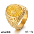 Vintage gold viking rune ring with 23mm yellow cracked stone and floral engraving - Gold Color Yellow Gemstone (KR110145-MZOZ)