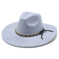 Detail of light blue faux suede fedora featuring a gold chain and black ribbon bow - Light Blue