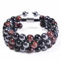 Dreilagiges Tigerauge und Hämatit Perlenarmband mit verstellbarem Textilband - Roter Tigerauge + Hämatit + Schwarze Perlen (8mm)